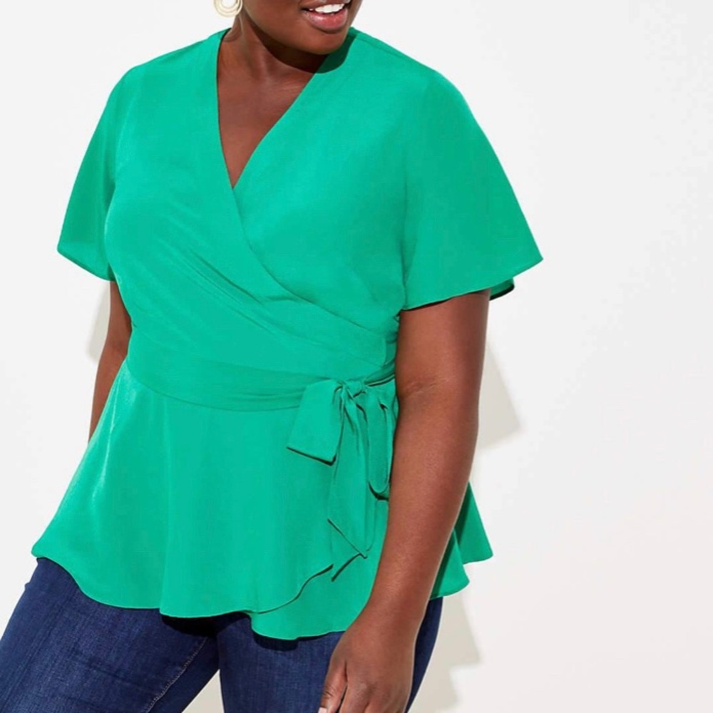 LOFT Green Flutter Sleeve Wrap Top